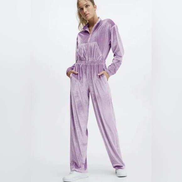 Fabletics Pants - FABLETICS Wide Leg Lilac Velour Onesie Jumpsuit Size Small NWT